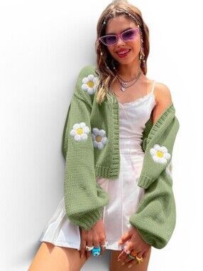 Shein Mint Floral Applique Embroidery Drop Sleeve Open Cardigan